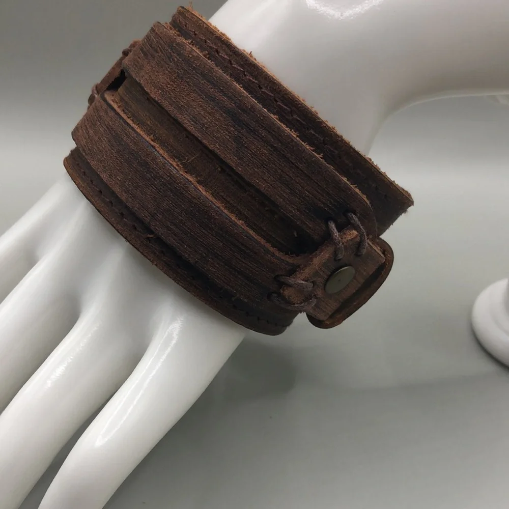 Brown leather artisan handcrafted handmade wide bracelet UNISEX New NWOT